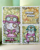 Illustrated character with goggles and a hat on a textured background