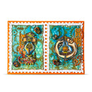Decorative card with intricate designs and a colorful border on a white background