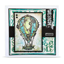 Card with steampunk hot air balloon design and decorative elements on a white background