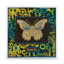 Decorative card with a gold butterfly design and 'Dream Big' text on a colorful patterned background.