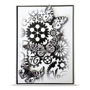 Decorative wall art with black and white butterflies and gears on a white background