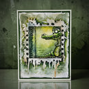 Greeting card with a green monster design on a textured green background