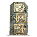 Decorative card with vintage-style stamps and text on a white background