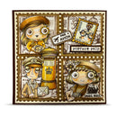 Illustration of postal-themed characters with vintage postage stamp designs.