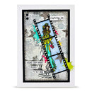 Colorful art print with a film strip design featuring a person in a yellow dress against a textured background.