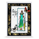 Decorative card with a woman in a green dress, butterflies, and gold accents on a black border.