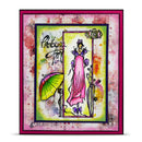 Colorful art card with a stylized illustration of a woman in a pink dress, holding a yellow umbrella, on a textured background.