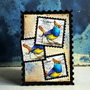 Decorative item with colorful bird illustrations on a textured background