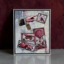Artistic collage with postage stamps, a hand, and vintage elements on a textured background.