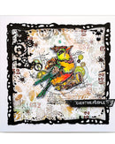 Colorful bird illustration on a decorative background with stamps and text