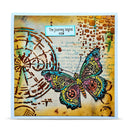 Colorful butterfly design on a textured background with text overlay