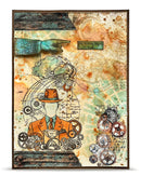 Steampunk-themed artwork with gears, a hat, and vintage elements on a textured background.