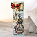 Decorative card with butterfly, light bulb, and skeleton hand design on a wooden surface.