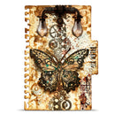 Steampunk-style butterfly design with gears, lights, and intricate details on a textured background.