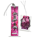 Decorative pink bookmarks with black floral designs on a white background
