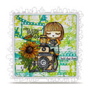 Illustration of a girl with a camera and sunflower on a decorative card with text and patterns.