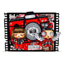 Illustrated camera with two characters holding cameras on a film strip background
