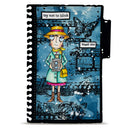 Phone case with a character holding a camera, surrounded by text and abstract designs on a blue background.
