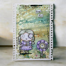 Artistic illustration of a girl with a clock and a flower on a textured background