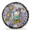 Circular artwork with a stylized character, flowers, and text on a white background