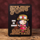 Steampunk-themed card with a character holding a tea cup on a wooden surface.