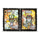 Two illustrated dog stamps with steampunk theme on a white background