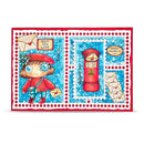 Illustration of a girl with a red hat and coat, a postbox, and envelopes on a blue background with red border.