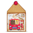 Decorative card with a red Royal Mail truck and character on a white background