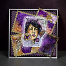 Artistic card with a stylized face, butterfly, and vintage elements on a dark background