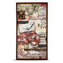 Decorative panel with vintage postcard design, stamps, and a bird illustration on a white background.