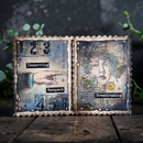 Artistic book with text and images on a wooden surface