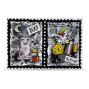 Halloween-themed stamp with pumpkins, ghosts, and text on a white background