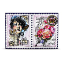 Decorative postcard with a woman's face, flowers, and butterflies on a white background