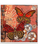 Artistic design with red butterflies, gears, and 'Dream Big' text on a textured background.