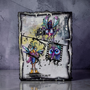 Colorful abstract artwork with characters and text on a textured surface