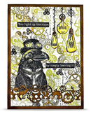 Decorative print with a steampunk-style duck and light bulb design on a patterned background.