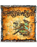 Decorative wall art with a steampunk-style bird and gears on an orange background.