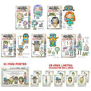 Collection of character cards and a poster with various illustrated characters on a white background.