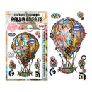 Decorative stamp set with steampunk hot air balloon design on a white background