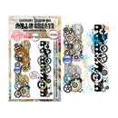 Decorative stamps with gear designs on a white background
