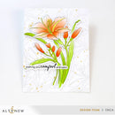 Floral card with lilies and text 'wishing you comfort and calm' on a white background, featuring the brand 'Altenew'.