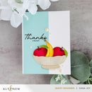 Card with fruit illustration and 'Thanks a bunch' text on a light blue background, with 'Altenew' branding.
