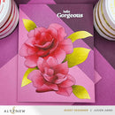Card with pink flowers and 'hello Gorgeous' text on a purple background, featuring Altenew branding.