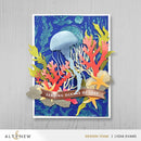 Colorful card with jellyfish and coral design on a blue background, featuring the brand 'Altenew'.