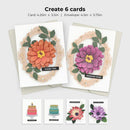 Set of greeting cards with floral designs and text on a white background