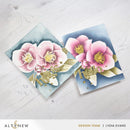 Two floral cards with pink flowers and gold accents on a white wooden surface, featuring the Altenew brand.