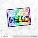 Colorful 'HELLO' card with geometric pattern on a marble background, featuring the Altenew brand.