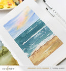 Watercolor painting of a beach scene on a white surface with 'Alte & New' branding.