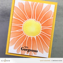 Card with a sunflower design and 'hello, Gorgeous' text on a gray background