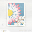 Card with a pink flower and 'Hello Friend' text on a blue background, featuring the Altenew brand.